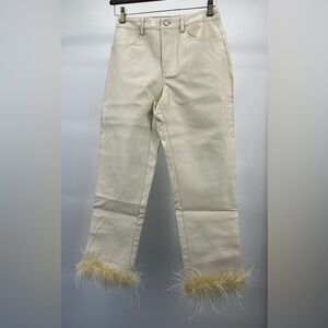 Women’s Le Lis By LALA Cream Vegan Leather Pants with Feather Trim Multi Size